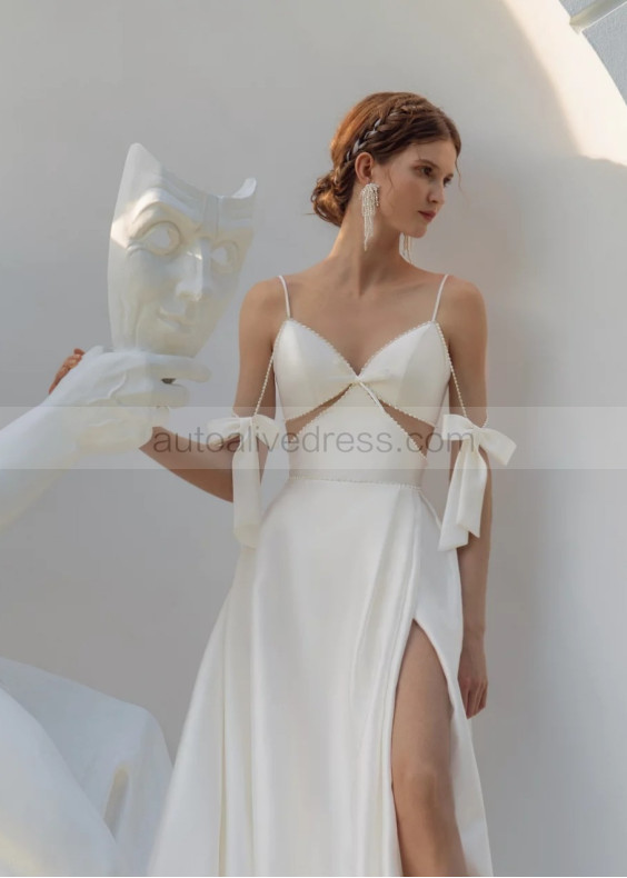 Spaghetti Straps Beaded Ivory Satin Slit Fashion Wedding Dress Spaghetti Straps Beaded Ivory Satin Slit Fashion Wedding Dress